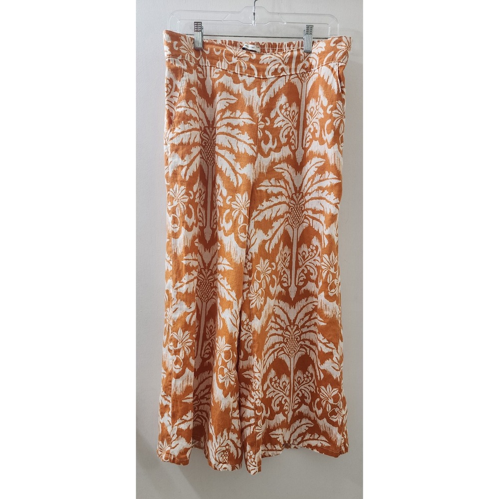 Rachel Zoe Orange White Palm Ikat 100% Linen Wide Leg Pants Womens Large